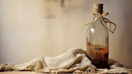 A rustic glass bottle, partly filled with liquid, wrapped with twine and placed beside a textured cloth, creating a vintage, artisanal aesthetic.