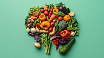 human brain made of variety of colorful vegetables, concept of vegetarian, vegan, healthy nutrition,