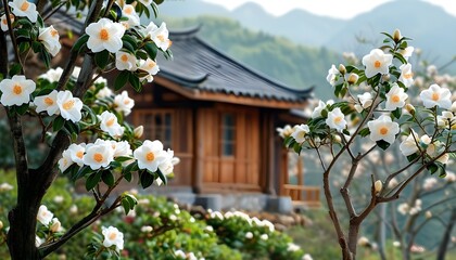 Blossoming white camellia tree in spring with traditional wooden cottage in rural Asian landscape