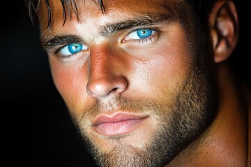 Poster - A portrait of a man with piercing blue eyes, his face illuminated by a single light source, giving a dramatic and intense feel