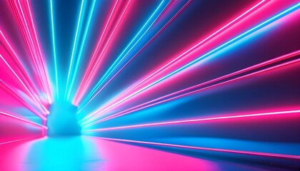 Vibrant neon backdrop of pink and blue lines radiating energy with a dazzling array of bright lights in a dynamic and colorful scene