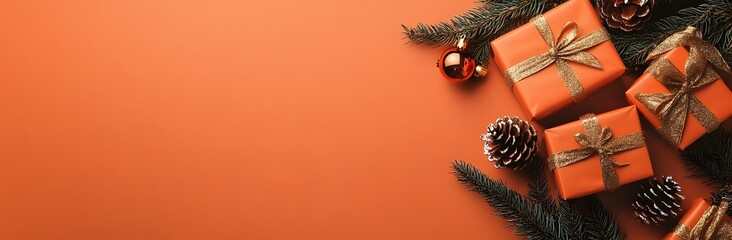 Sticker - Orange Christmas Background with Gifts and Pine Cones