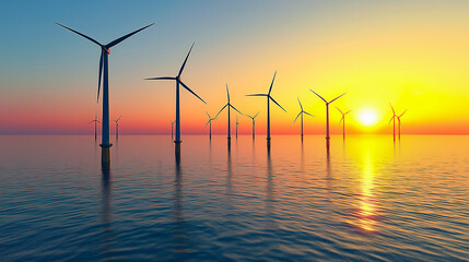 windmills or wind turbines installed in the ocean a futuristic project to use ocean to generate clean energy with sunset