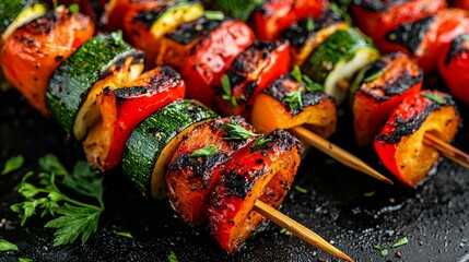 Colorful vegetable skewers grilled to perfection, showcasing a delicious mix of bell peppers and zucchini.