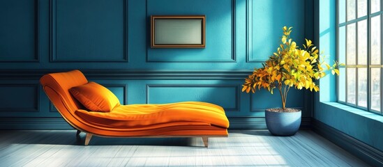 Blue room featuring an orange chaise lounge