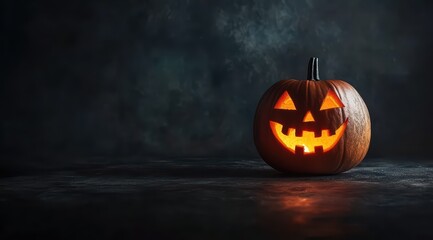 Wall Mural - Halloween Jack-o-lanternpumpkin with a carved glowing face on a dark background, high resolution, real photo, high detail