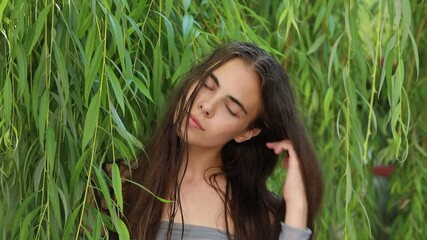 Sticker - young beautiful brunette girl posing in willow foliage