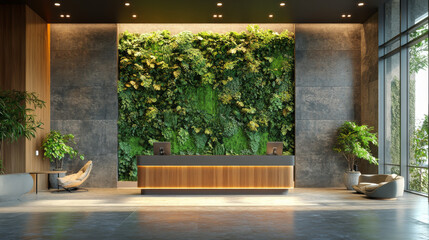 Wall Mural - Modern lobby with a green wall and a wooden reception desk.