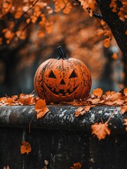 Wall Mural - Photo of an orange pumpkin with a carved-out face sitting on the edge of a stone fence, as a festive Halloween deocration