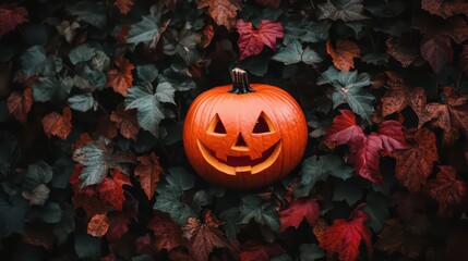 Wall Mural - Photo of an orange pumpkin with a carved-out face sitting on the edge of a stone fence, as a festive Halloween deocration