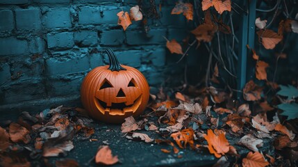 Wall Mural - Photo of an orange pumpkin with a carved-out face sitting on the edge of a stone fence, as a festive Halloween deocration