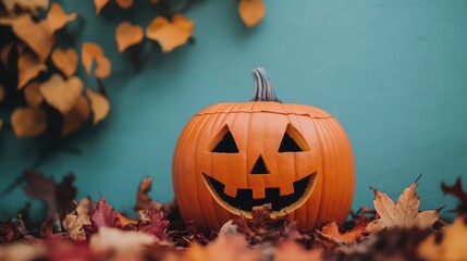 Wall Mural - Photo of an orange pumpkin with a carved-out face sitting on the edge of a stone fence, as a festive Halloween deocration