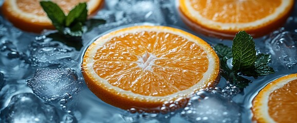 Wall Mural - Fresh orange slices on ice with mint leaves, perfect for a refreshing drink.