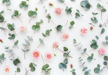 Sticker - Pink Flowers Eucalyptus Leaves Pattern White Background