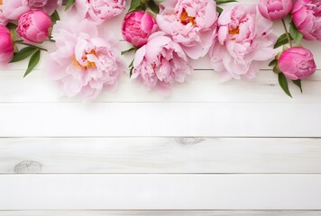 Sticker - Pink Peony Flowers Border on White Wood Background