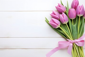 Sticker - Pink Tulip Bouquet on White Wooden Background