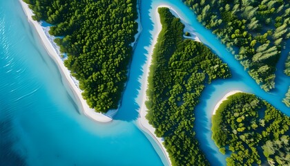 breathtaking aerial view of pristine seashore bordered by lush mangrove forest and vibrant blue waters