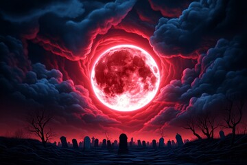 Wall Mural - A full moon surrounded by dark, swirling clouds, with eerie red light reflecting off a haunted graveyard below, in a full moon fantasy artwork illustration