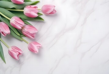 Sticker - Pink Tulips on Marble Table, Flat Lay