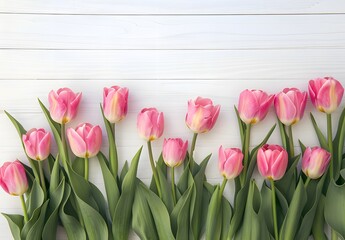 Wall Mural - pink tulips border on white wooden background