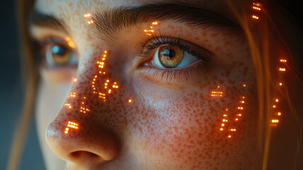 Sticker - Close-up of a woman's eye with glowing lights on her face.