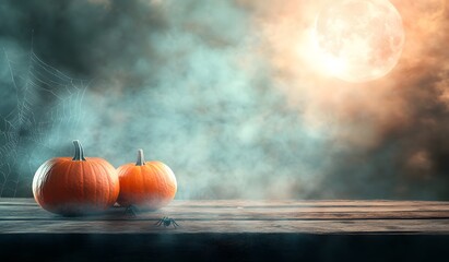 Halloween Pumpkins with Orange Smoke and Full Moon