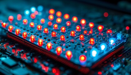 Wall Mural - Illuminated computer chip featuring vibrant red and blue lights