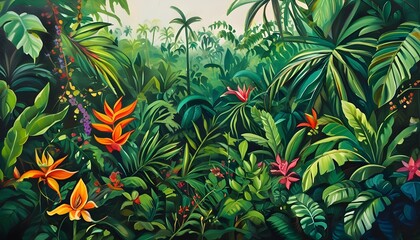 Vibrant tropical paradise teeming with lush greenery, colorful flowers, and an abundance of life in a captivating jungle setting