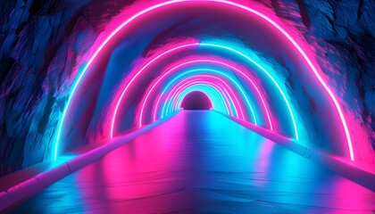 Wall Mural - Vibrant neon tunnel illuminated in pink and blue hues, creating a captivating and colorful atmosphere.