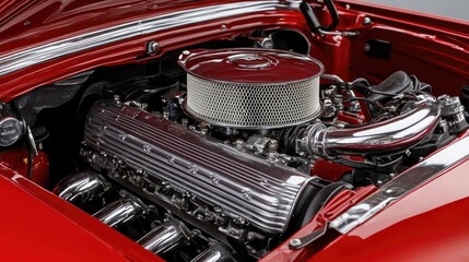 Close-up of a Polished Chrome V8 Engine Under the Hood of a Red Classic Car