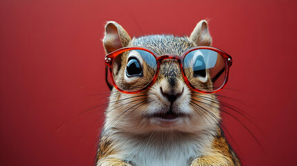 Wall Mural - Cute Squirrel Wearing Red Glasses Photo