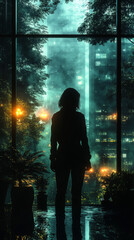 Canvas Print - Silhouette of a woman looking out a window at a cityscape.