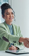 Canvas Print - Business, woman and shaking hands for hiring in office with welcome, onboarding and applause with tablet. Happy HR, professional and handshake in meeting for thank you, agreement or interview success