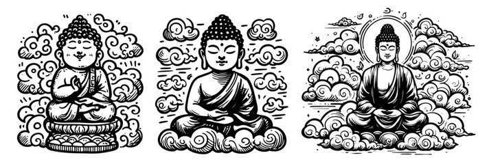 peaceful buddha meditating in the clouds set in line art vector