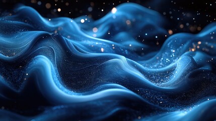 Wall Mural - Abstract Blue and Gold Swirling Waves with Glowing Particles