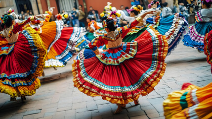 A group of dancers in colorful folkloric costumes captivates the audience with their energetic performance in a bustling town square during a cultural celebration