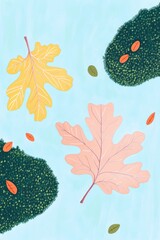 Coloring page featuring autumn oak leaves in vibrant yellow resting on textured green moss