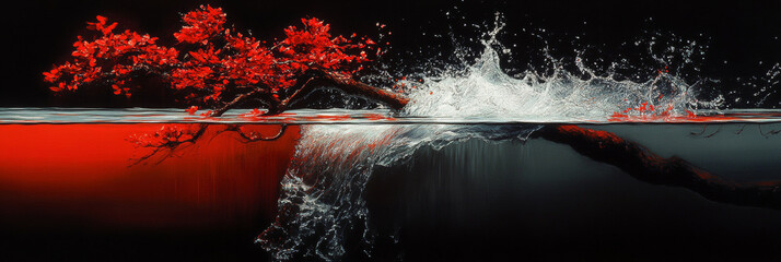 Wall Mural - Red tree branches submerged in water, creating a splash.