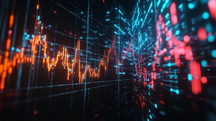 Poster - vibrant data visualization showing fluctuating graphs in a futuristic digital environment at night