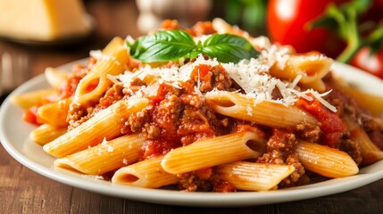 Penne pasta with a rich tomato meat sauce, topped with Parmesan cheese and fresh basil.