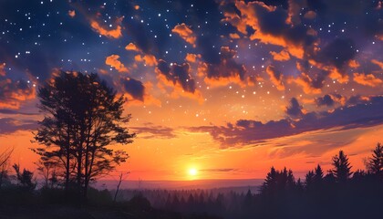 Wall Mural - Serene sunset sky filled with stars over a tranquil field of trees in vibrant orange and purple hues