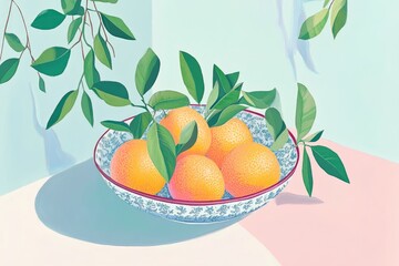 Illustration of Fresh Mandarins with Green Leaves in a Bowl