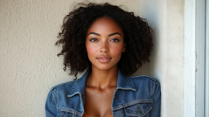 Wall Mural - A young woman with beautiful curly hair stands confidently by a light wall, dressed in a denim jacket and enjoying the warm sunlight