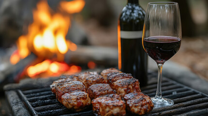 Juicy grilled steaks rest on a barbecue while a glass of red wine and a bottle sit nearby, all illuminated by a campfire glow