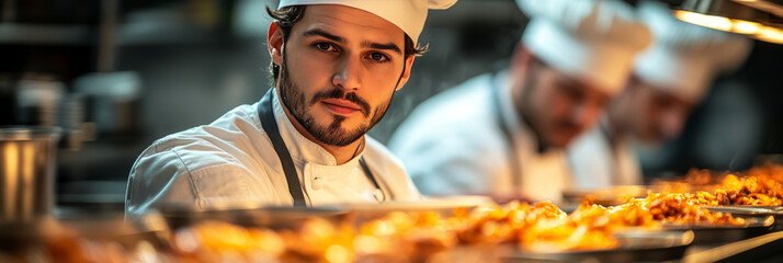 Young male chef in white uniform focused on his work.