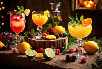 vibrant festive seasonal cocktails surrounded array fresh ingredients cheerful celebrations, drink, glass, garnish, ice, mixer, lime, mint, berry