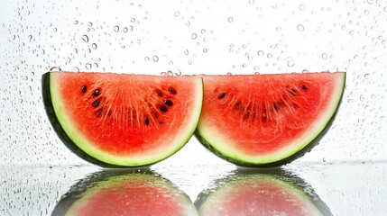 Poster - fresh watermelon slices glisten in the light behind a glass surface with droplets, creating a refres