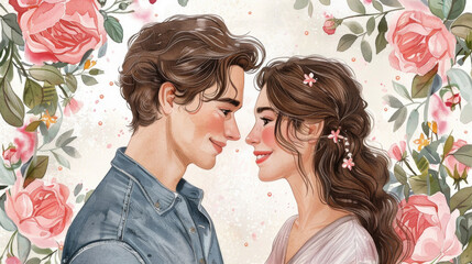 A young couple gazes lovingly at each other, framed by beautiful roses, reflecting warmth and romance between them in a charming artistic portrayal