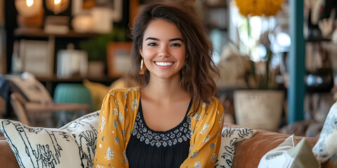 Wall Mural - Portrait of a beautiful young entrepreneur smiling while sitting on a comfy couch in her home decor store