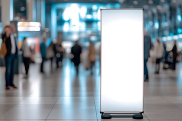 Wall Mural - Blank roll-up banner stand in a busy exhibition hall.